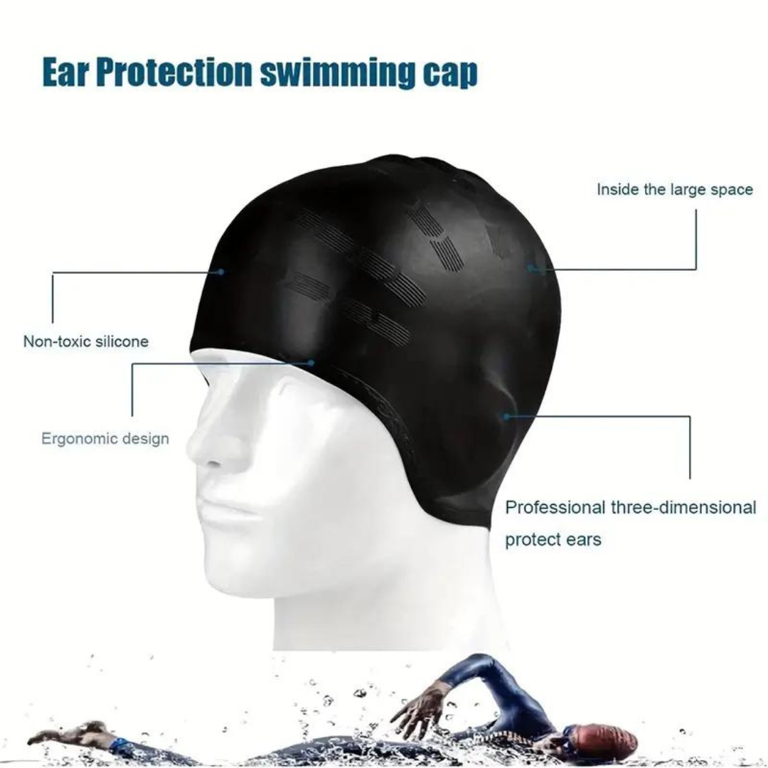 Adult wearing a First Lens Swimming Cap with a sleek and modern design.