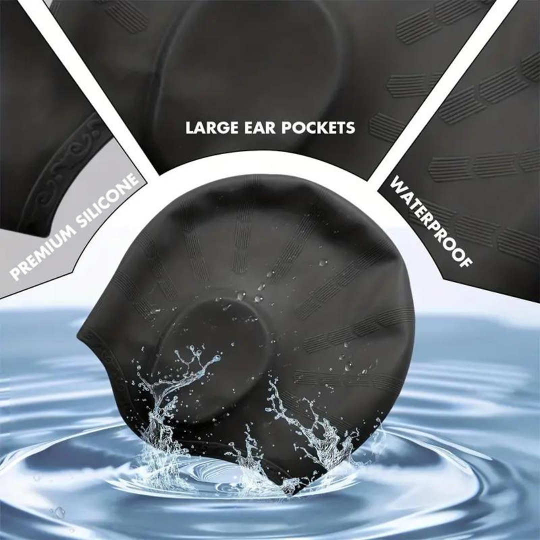 Black silicone swimming cap for adults by First Lens with a minimalist look.