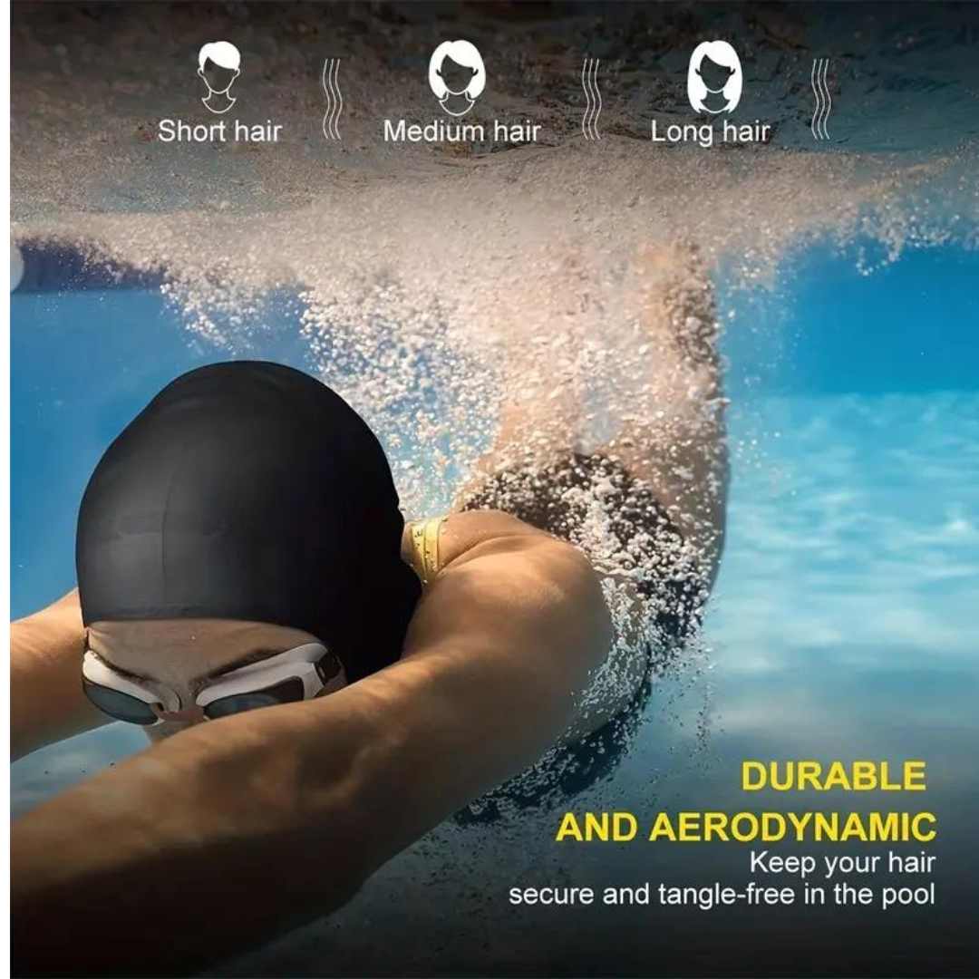First Lens Adults Swimming Cap designed to reduce drag and improve performance.