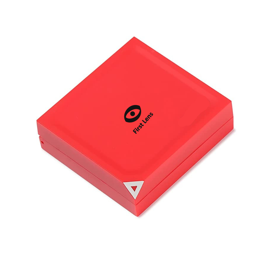 First Lens Designer Square Contact Lens Case with Mirror - Sleek black case with built-in mirror.
