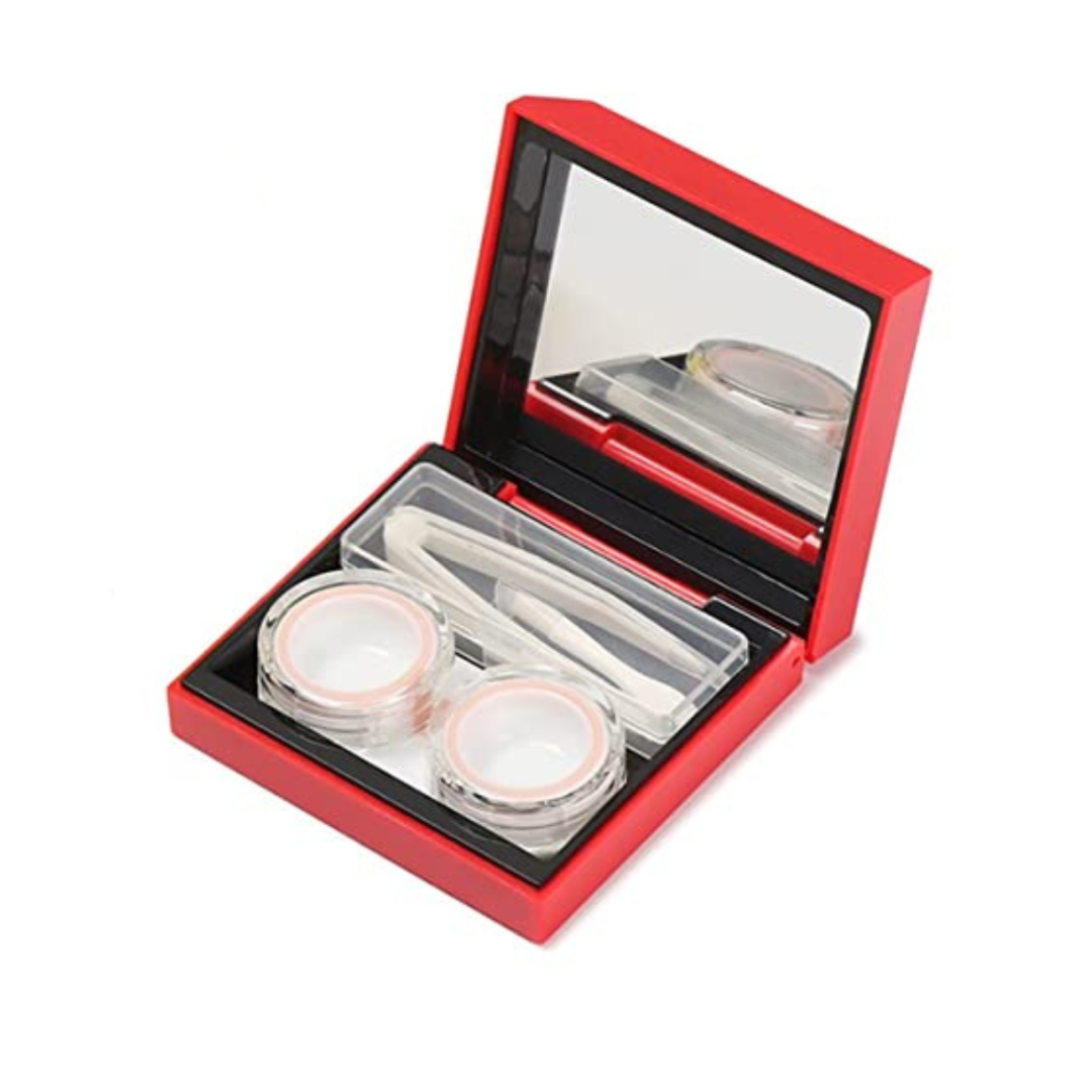 First Lens Designer Square Contact Lens Case with Mirror - Modern square-shaped case in vibrant pink with mirror