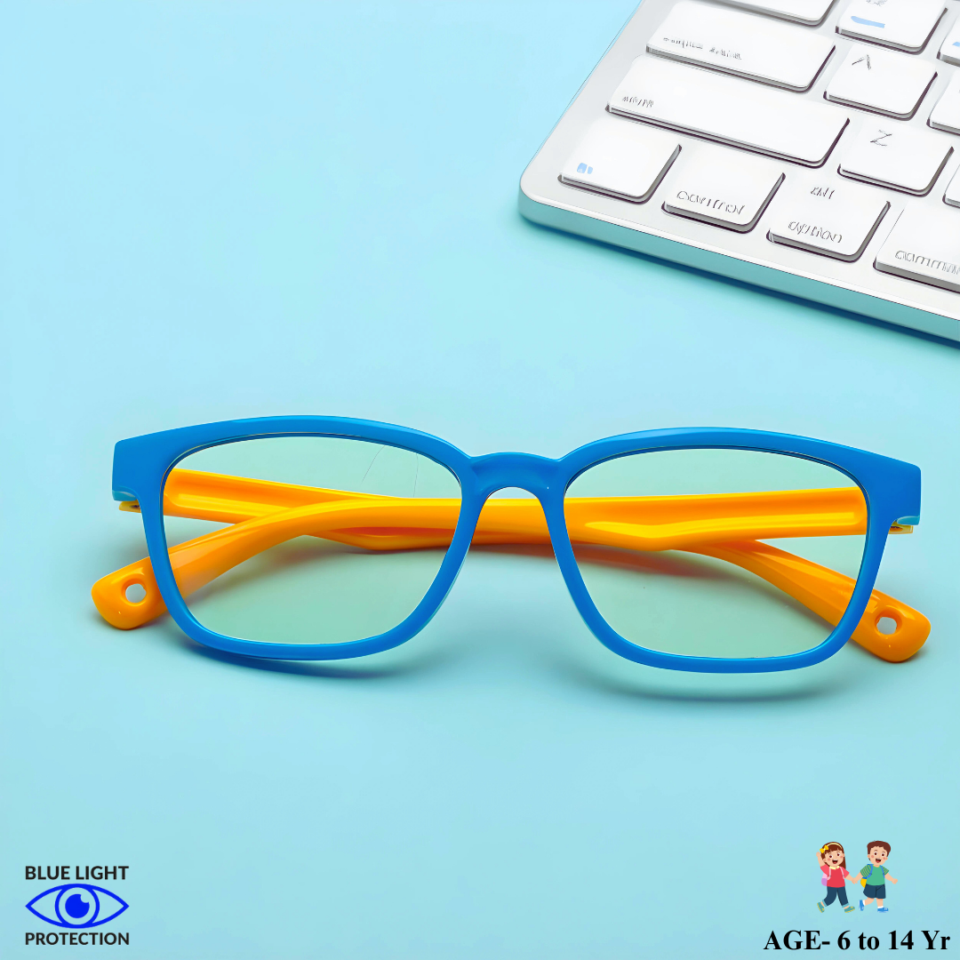 Close-up of the blue light blocking lenses in First Lens KidoJunior Kids Glasses.