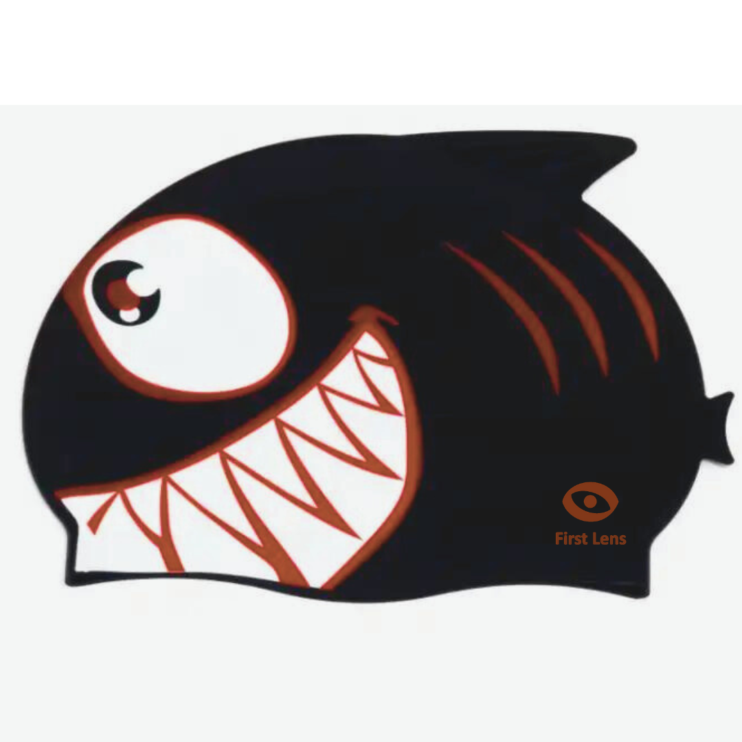 Vibrant blue First Lens Kids Swimming Cap with stretchable silicone material.