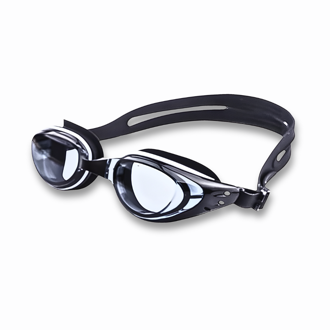 A child wearing First Lens powered swimming goggles while swimming in a pool.