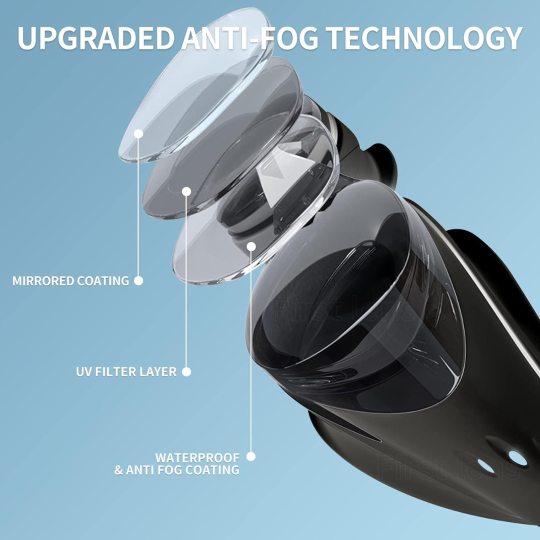 Close-up of the First Lens kids powered swimming goggles with UV protection and anti-fog feature.