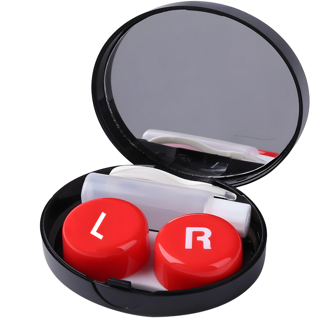 Oval-shaped contact lens container with an integrated mirror for added convenience.