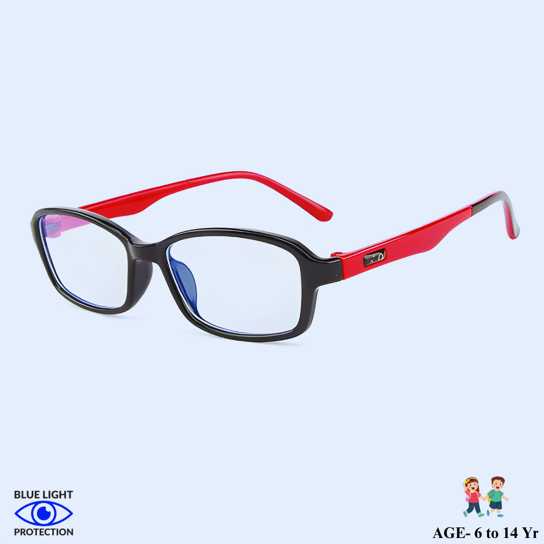 A pair of rectangular kids glasses with blue light blocking lenses from First Lens.