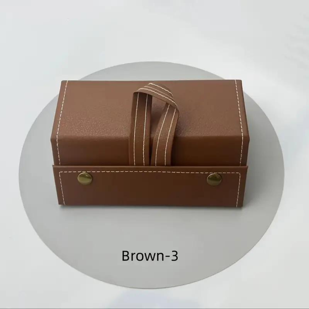 Sunglass and accessory organizer by First Lens, featuring compartments labeled for easy identification.