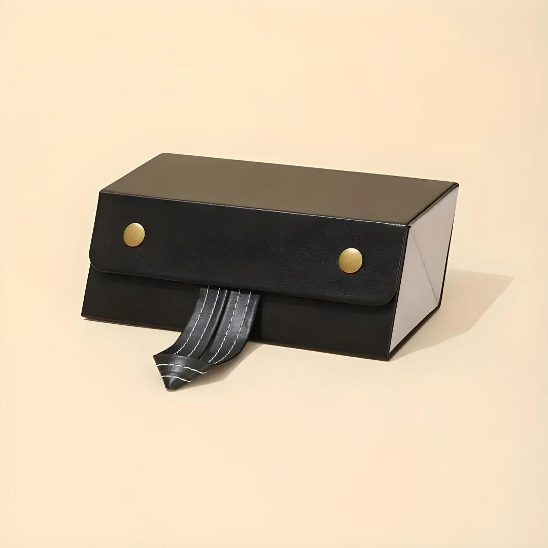 A two-tiered sunglass and accessory storage unit by First Lens, boasting a modern design.