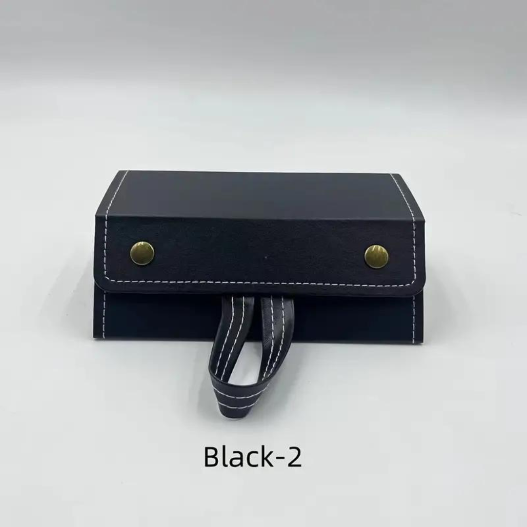 A practical sunglass holder by First Lens, featuring separate compartments for sunglasses and accessories.