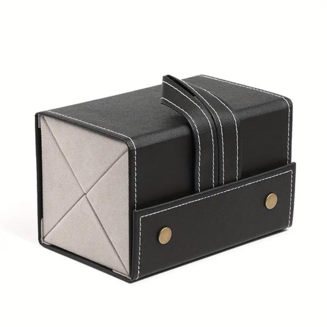 Sunglasses neatly arranged in a compartmentalized holder labeled First Lens Locker.