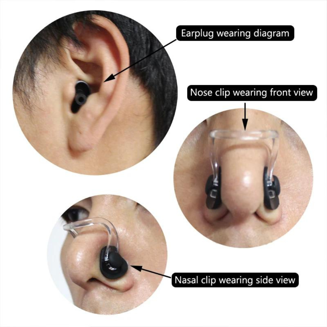 Nose clip and ear plugs set for swimming, neatly organized in a case by First Lens.