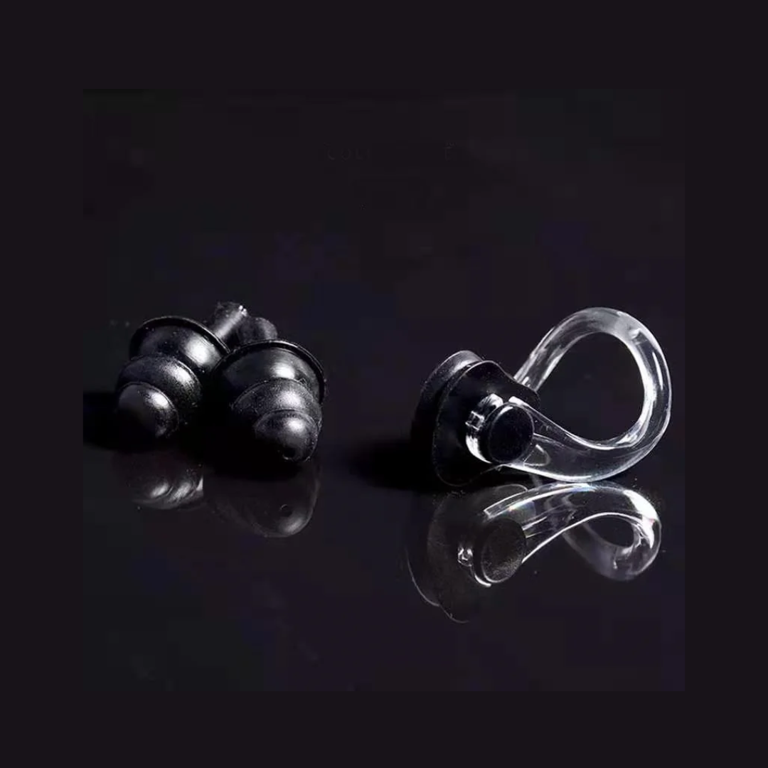 Swimming accessories kit including nose clip and ear plugs, packaged in a case by First Lens.