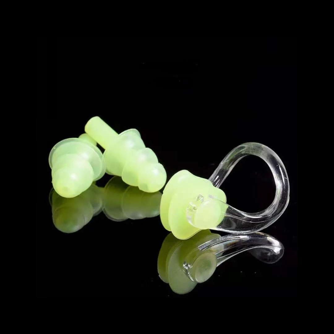 Swim gear set featuring nose clip and ear plugs with a durable case by First Lens.