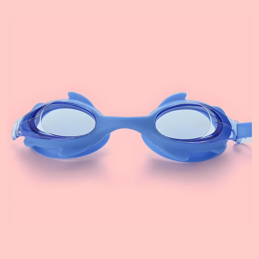 A group of kids happily swimming in a pool, wearing the First Lens K004 goggles.