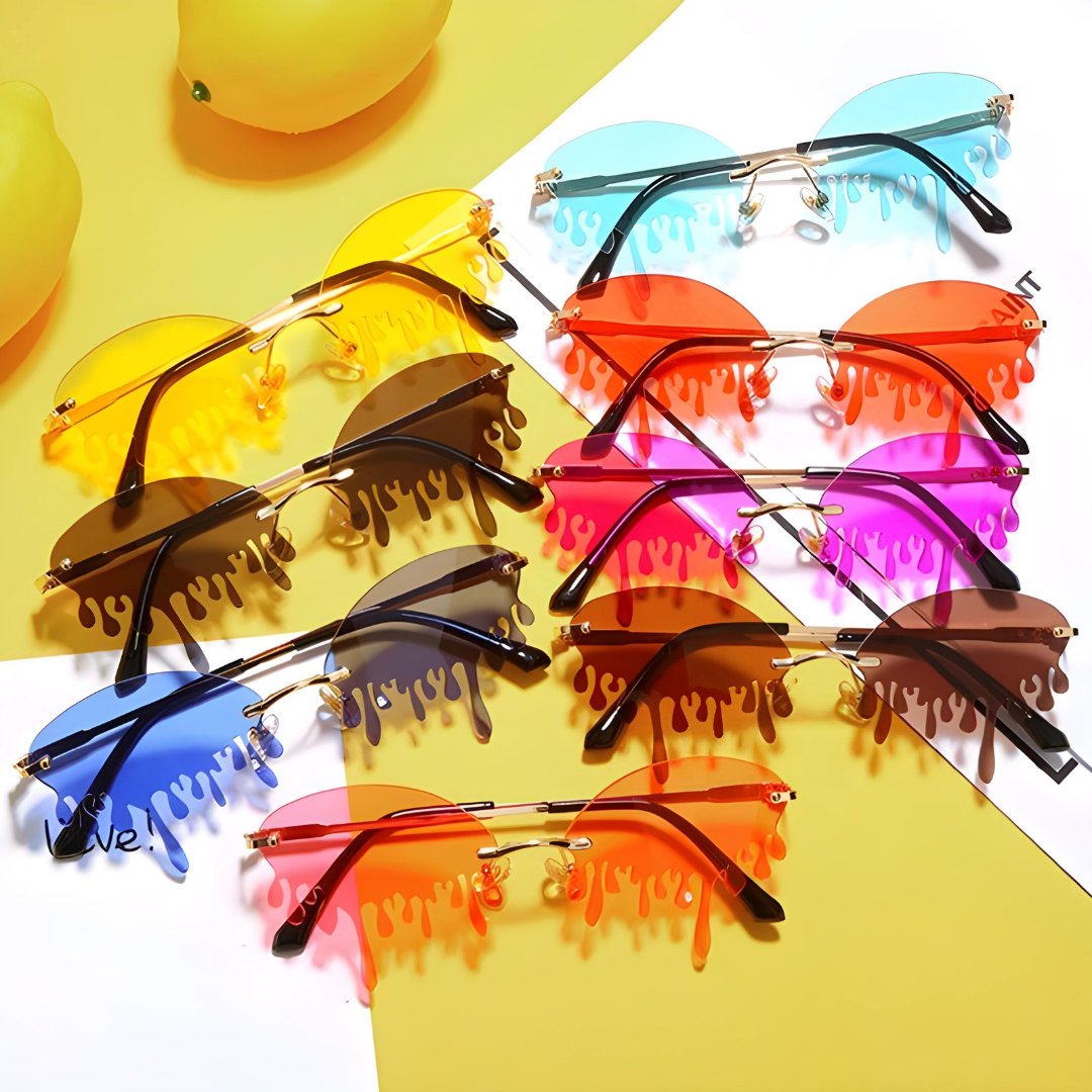 First Lens teardrop-shaped sunglasses with sleek black frames.