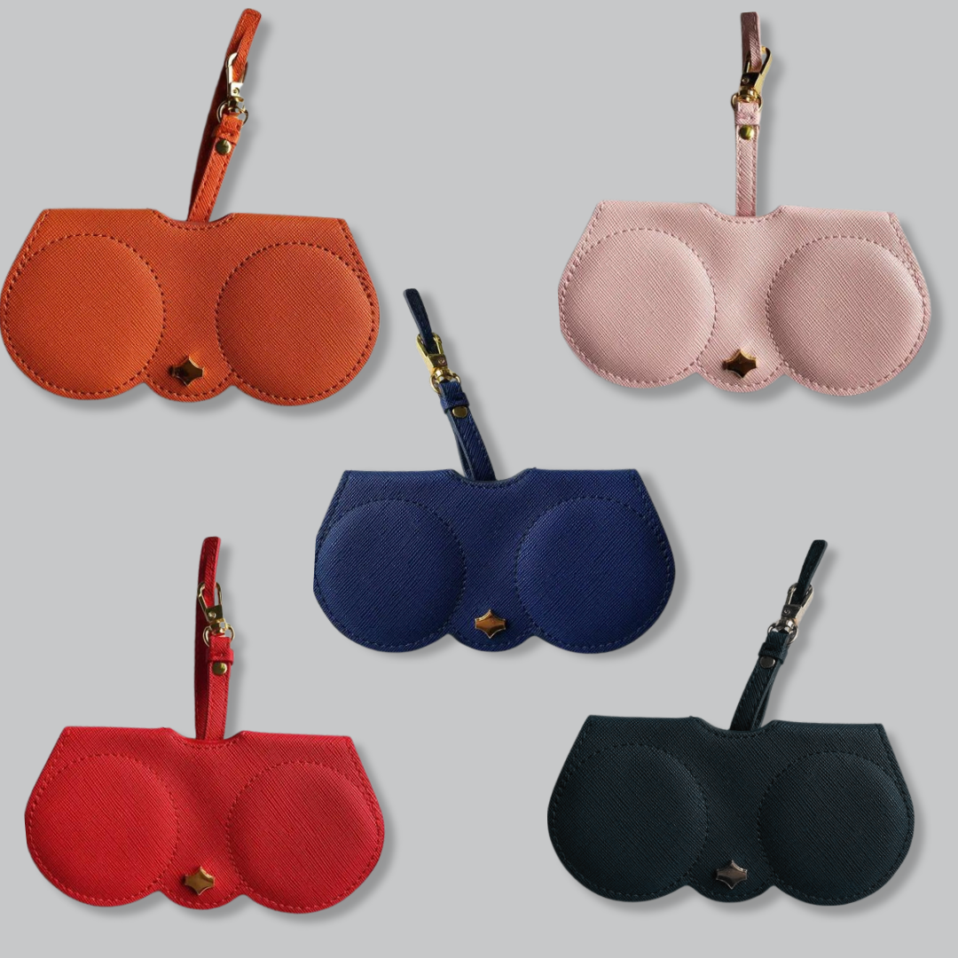 A black leather eyeglasses clip case with a sleek, modern design, branded with First Lens.