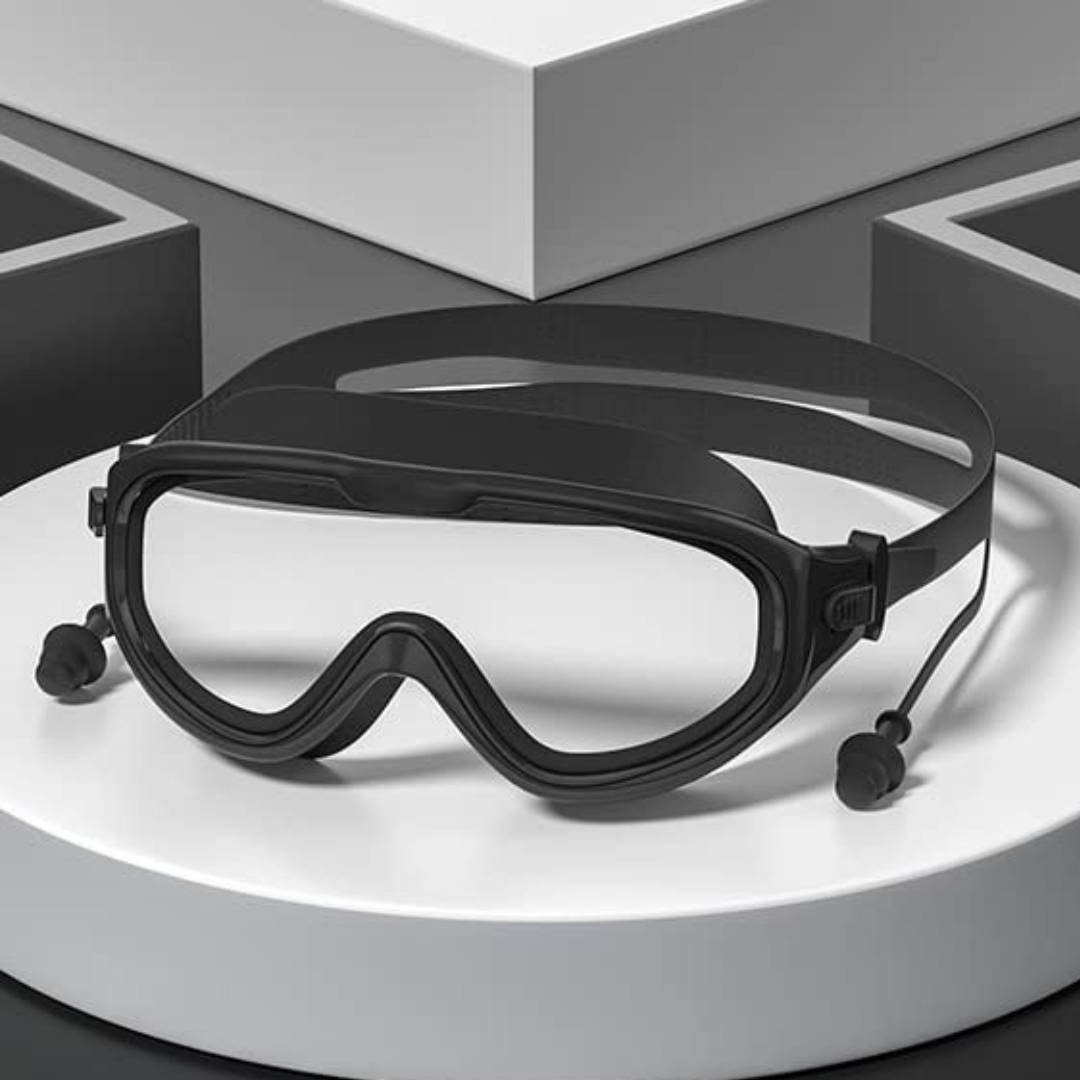 Black First Lens swim goggles with prescription lenses and UV protection.