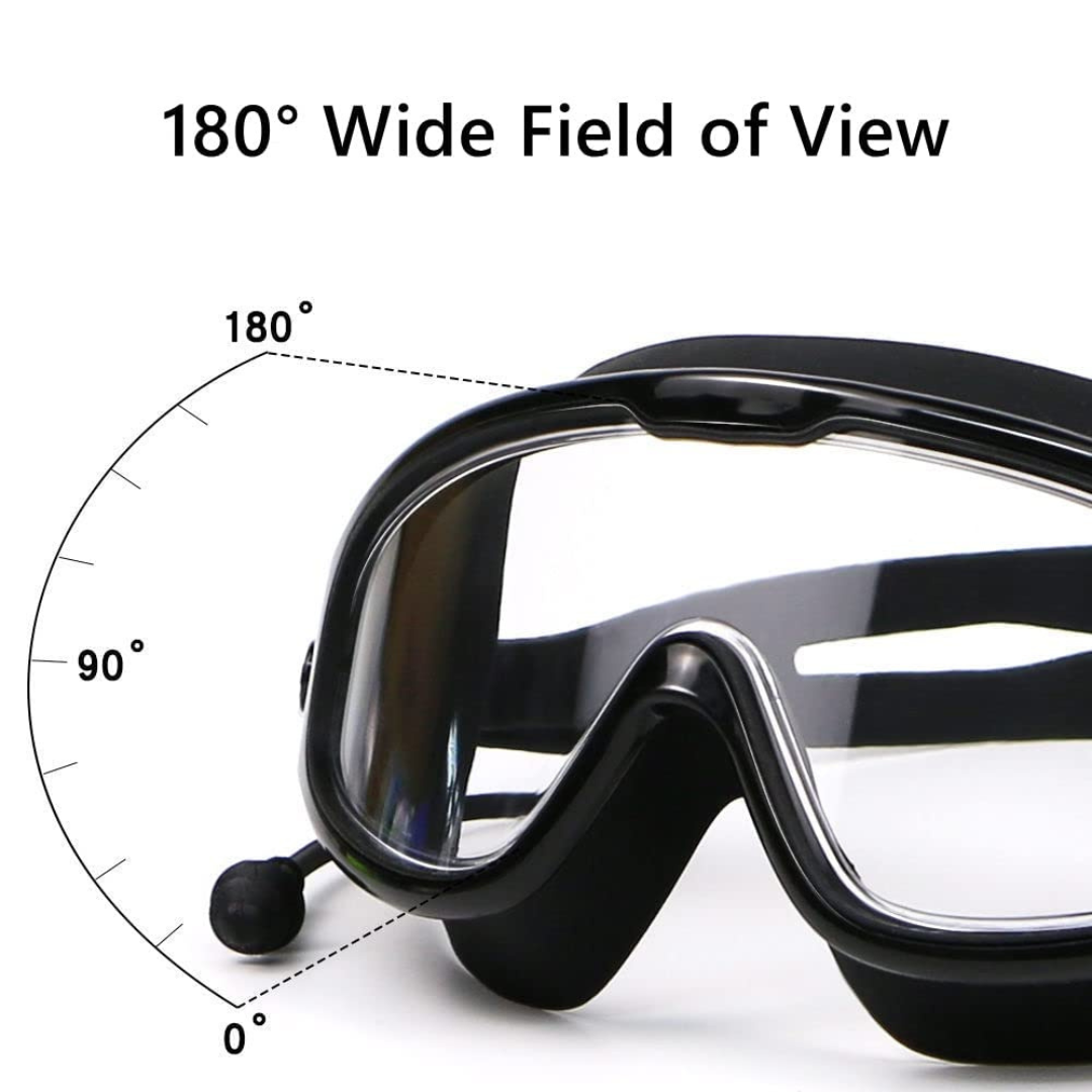Person wearing black First Lens prescription swimming goggles with clear lenses.