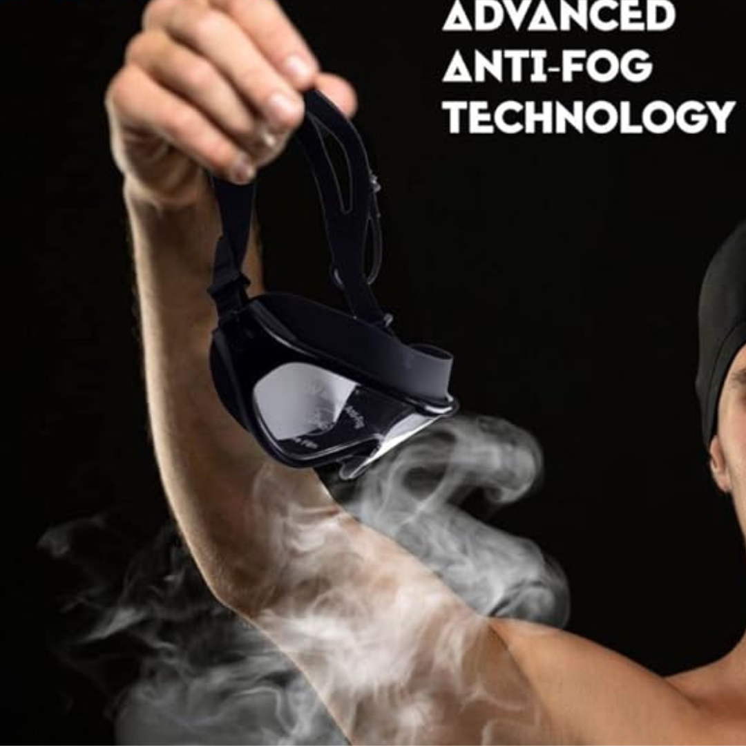 Black swimming goggles with adjustable straps for a secure fit by First Lens.