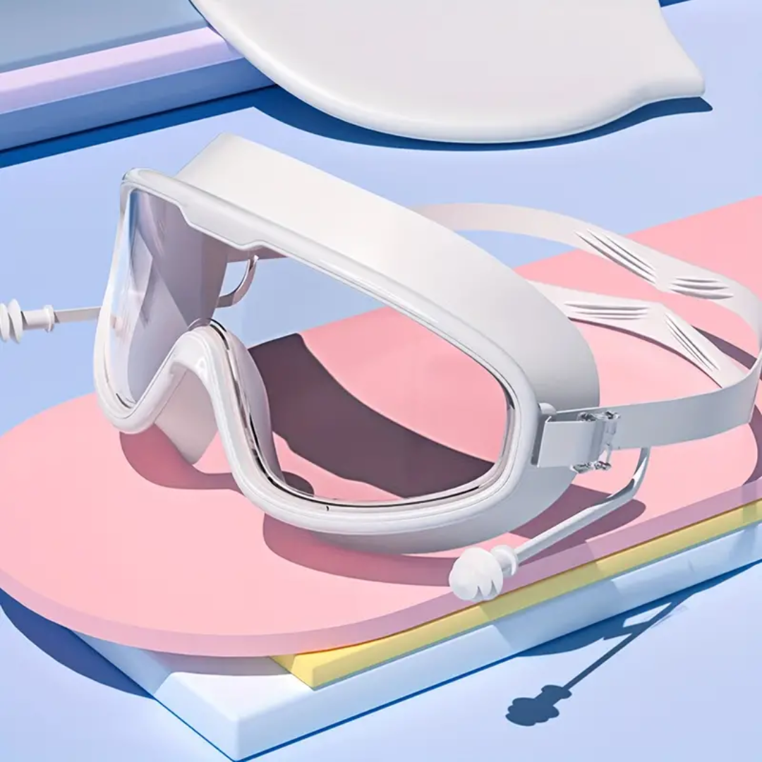 Close-up of white First Lens powered swim goggles with UV protection.