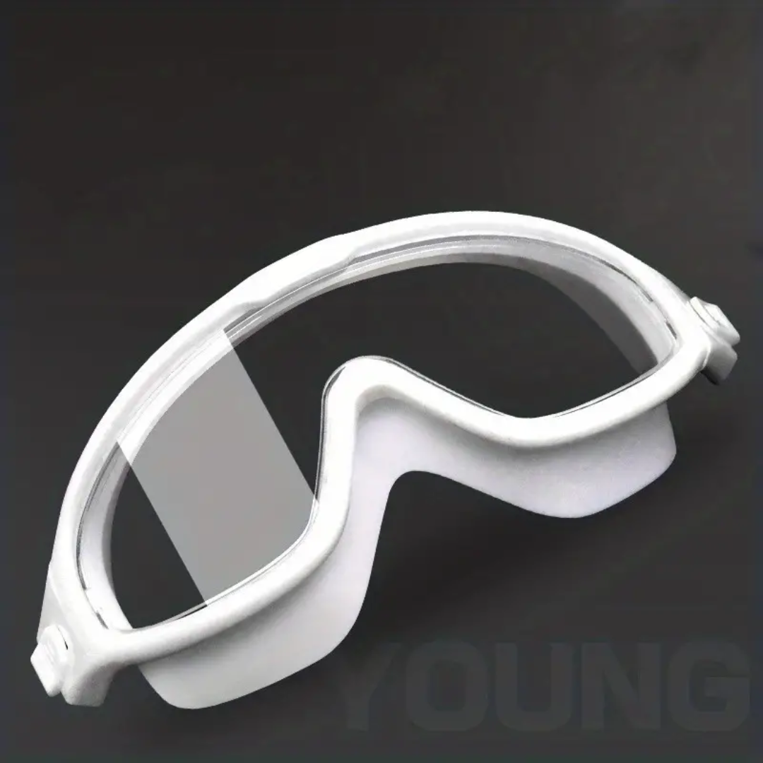 Person wearing white First Lens prescription swim goggles with diopter correction.