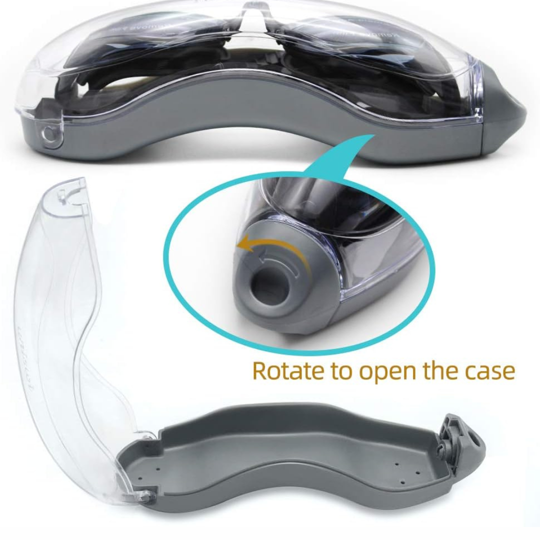 The First Lens goggles being worn by an adult with a swim cap, ready to dive into the water.