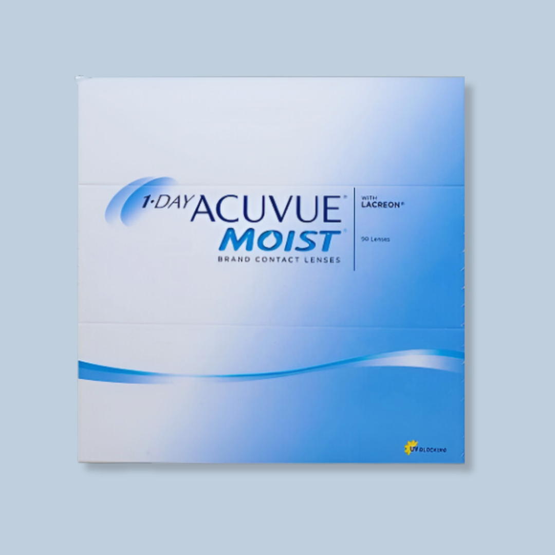 First Lens: Model wearing Johnson & Johnson 1 Day Moist Acuvue contact lenses