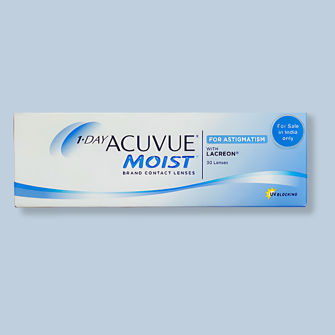 First Lens: Model wearing Johnson & Johnson 1-Day Acuvue Moist for Astigmatism contact lenses