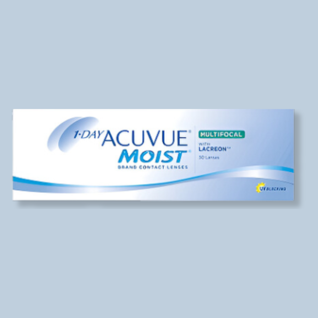 First Lens: Model wearing Johnson & Johnson 1-Day Acuvue Moist Multifocal contact lenses