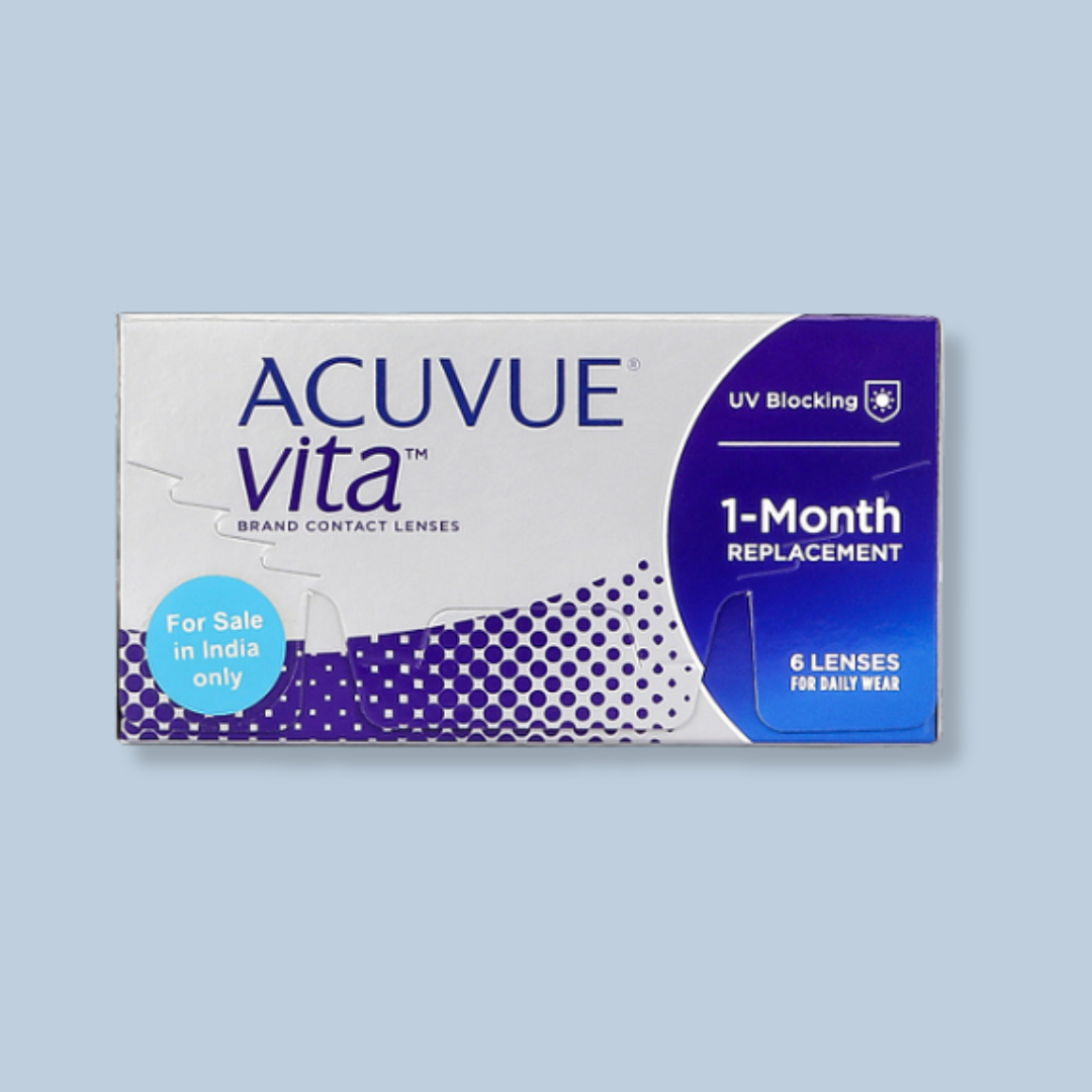 First Lens: Model wearing Johnson & Johnson Acuvue Vita contact lenses