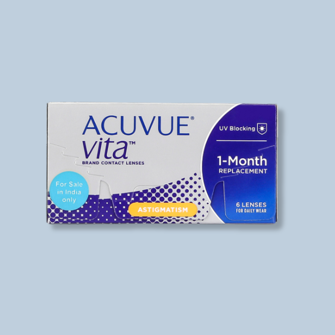 First Lens: Model wearing Johnson & Johnson Acuvue Vita Toric contact lenses
