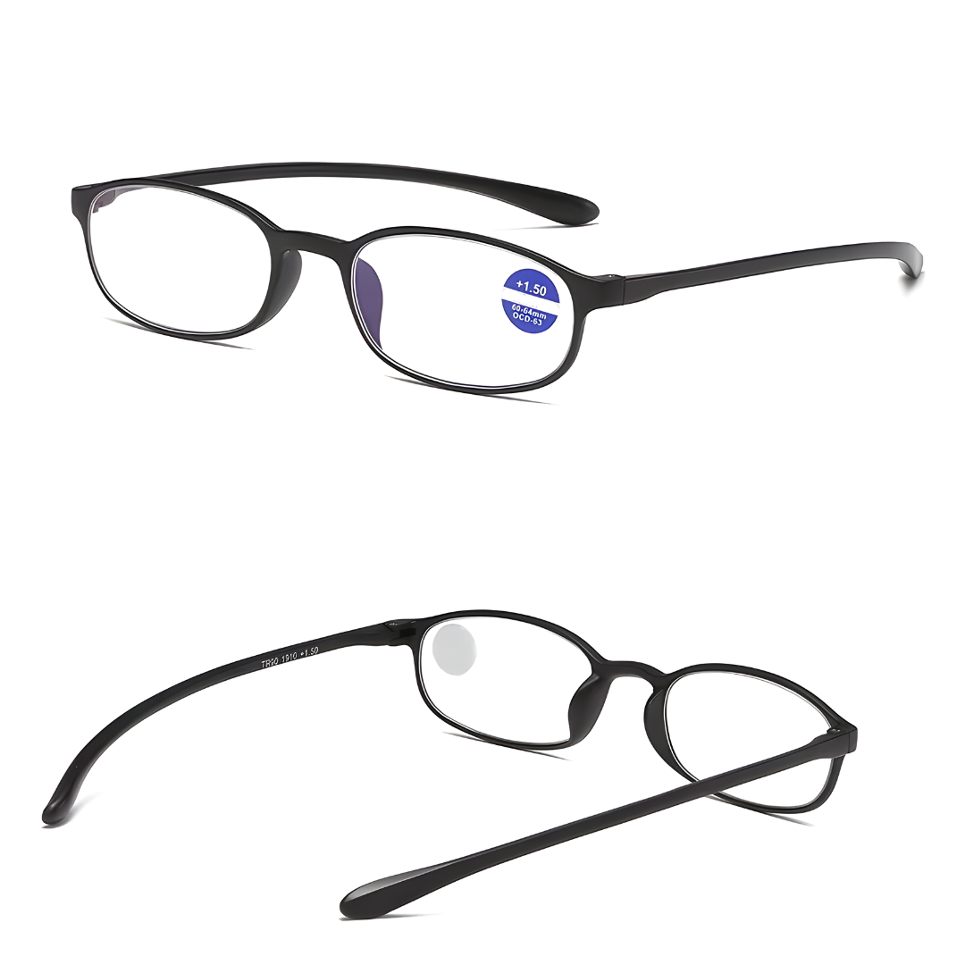 A close-up image of First Lens Ovate Reading Glasses in a matte black finish, showcasing the sleek and minimalist design.