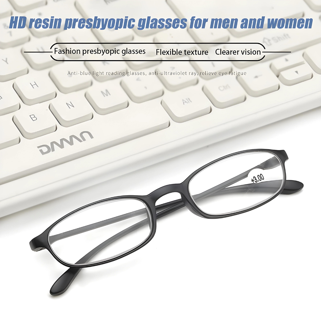 A side view of First Lens Ovate Reading Glasses with transparent frames, providing a modern and understated look.