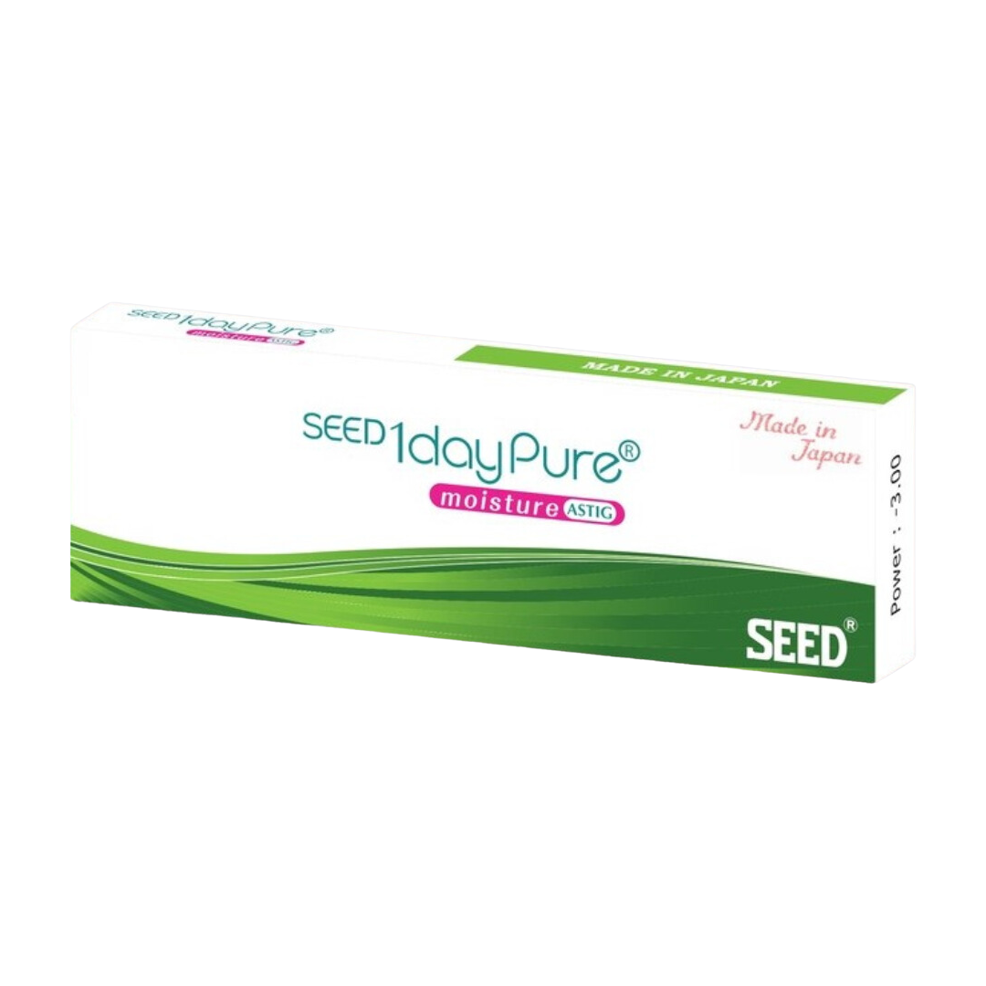 Close-up of the First Lens SEED 1-Day Pure Astigmatism lenses in their eco-friendly packaging.
