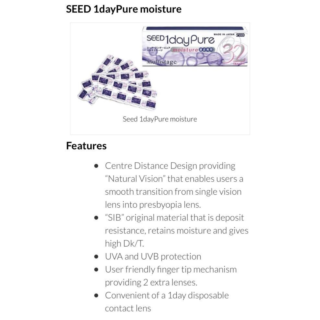 Hand holding a pack of SEED 1-Day Pure Multifocals, displaying the convenient box size