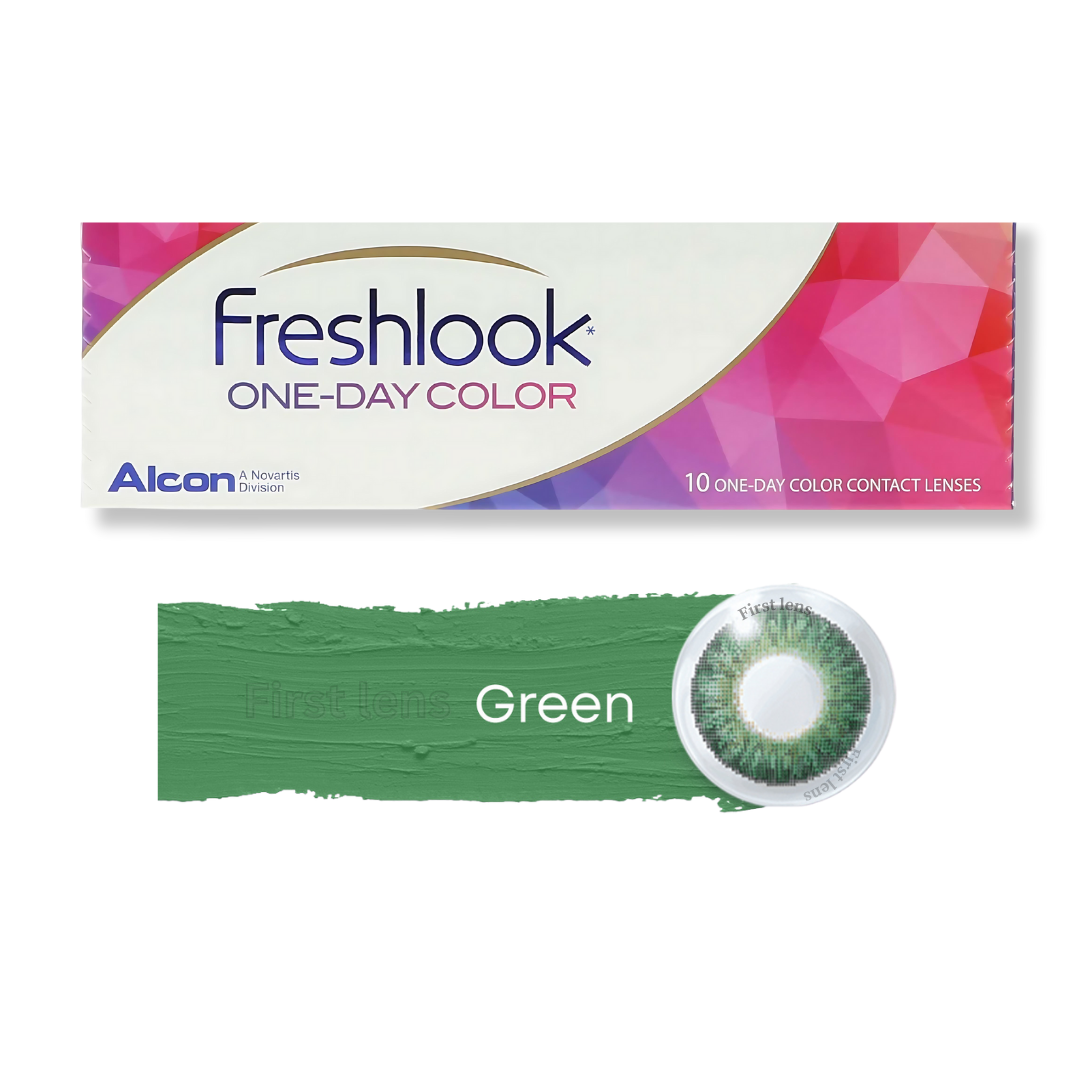 A close-up image of a person holding the First Lens Alcon Freshlook OneDay Color Lenses in Blue, showcasing the stylish packaging and box design.