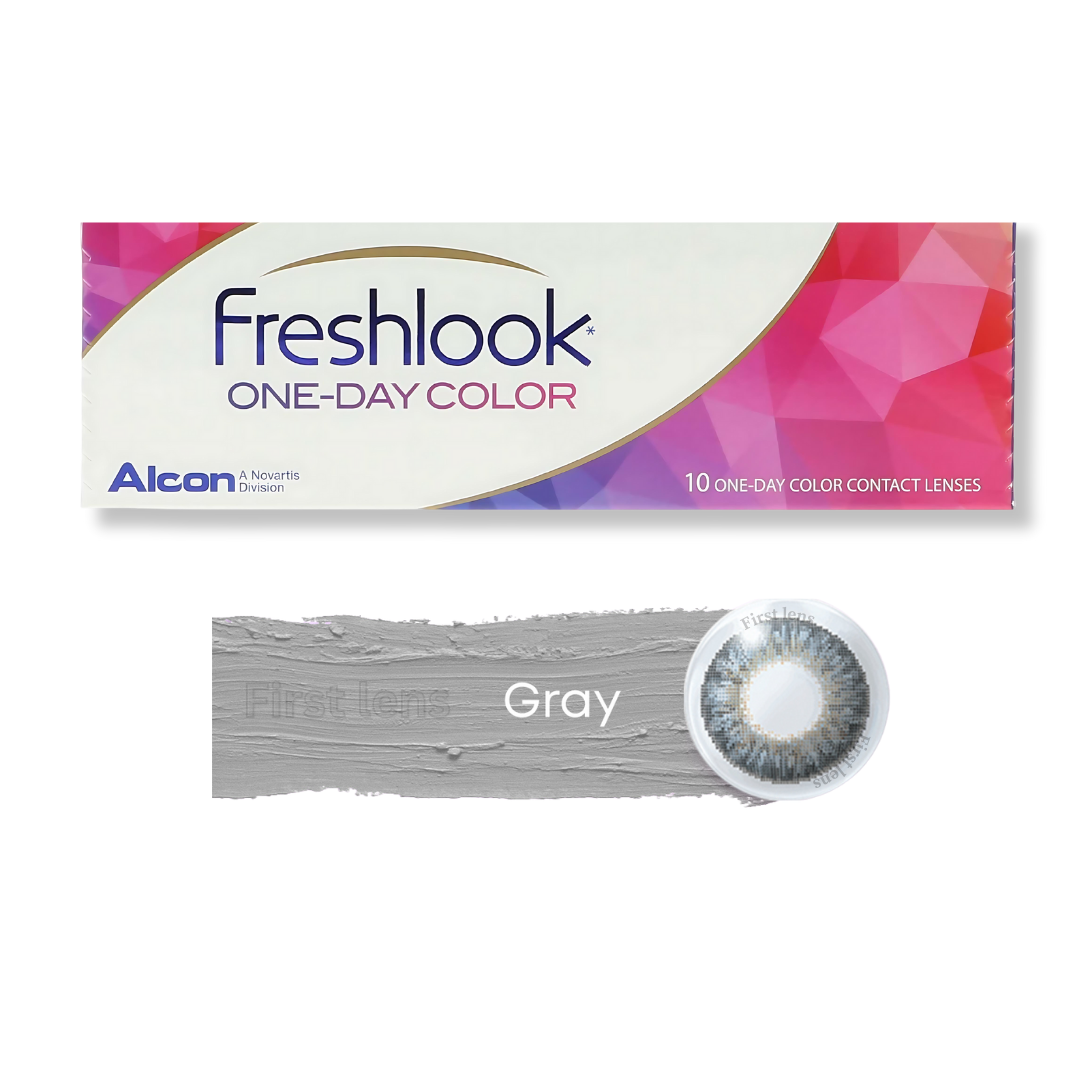 A close-up image of a person's eyes wearing the First Lens Alcon Freshlook OneDay Color Lenses in Green, showcasing the vibrant color against the natural eye color.