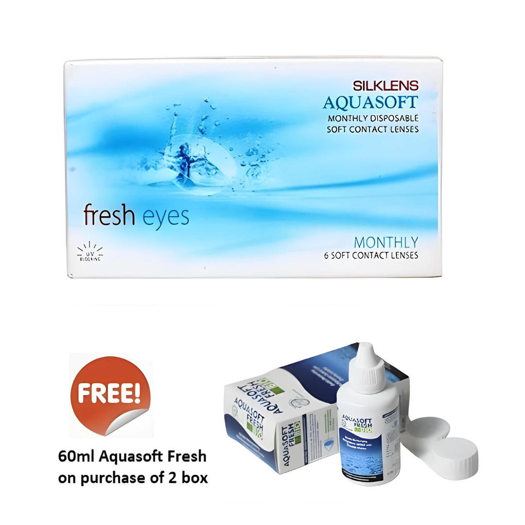 Close-up of First Lens Silklens Aquasoft Fresh Eyes Monthly box with vibrant blue packaging.