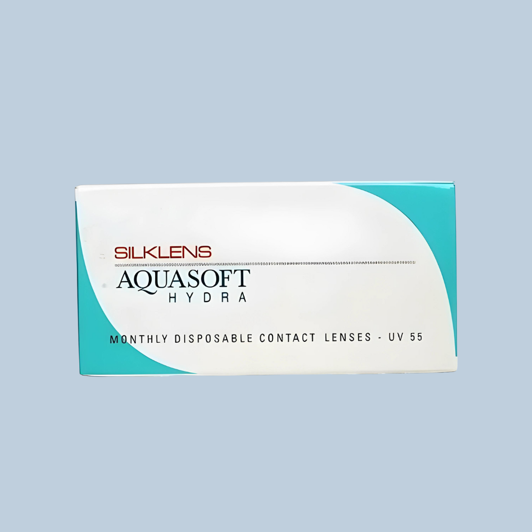 Close-up of a single First Lens SilkLens Aquasoft Hydra Monthly lens, showcasing its ultra-smooth surface.