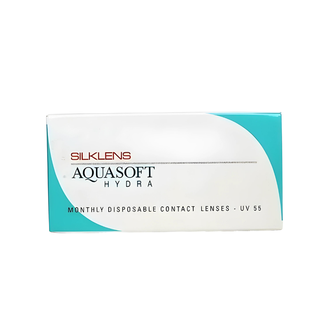A person with vibrant eyes wearing First Lens SilkLens Aquasoft Hydra Monthly lenses, expressing comfort and hydration.