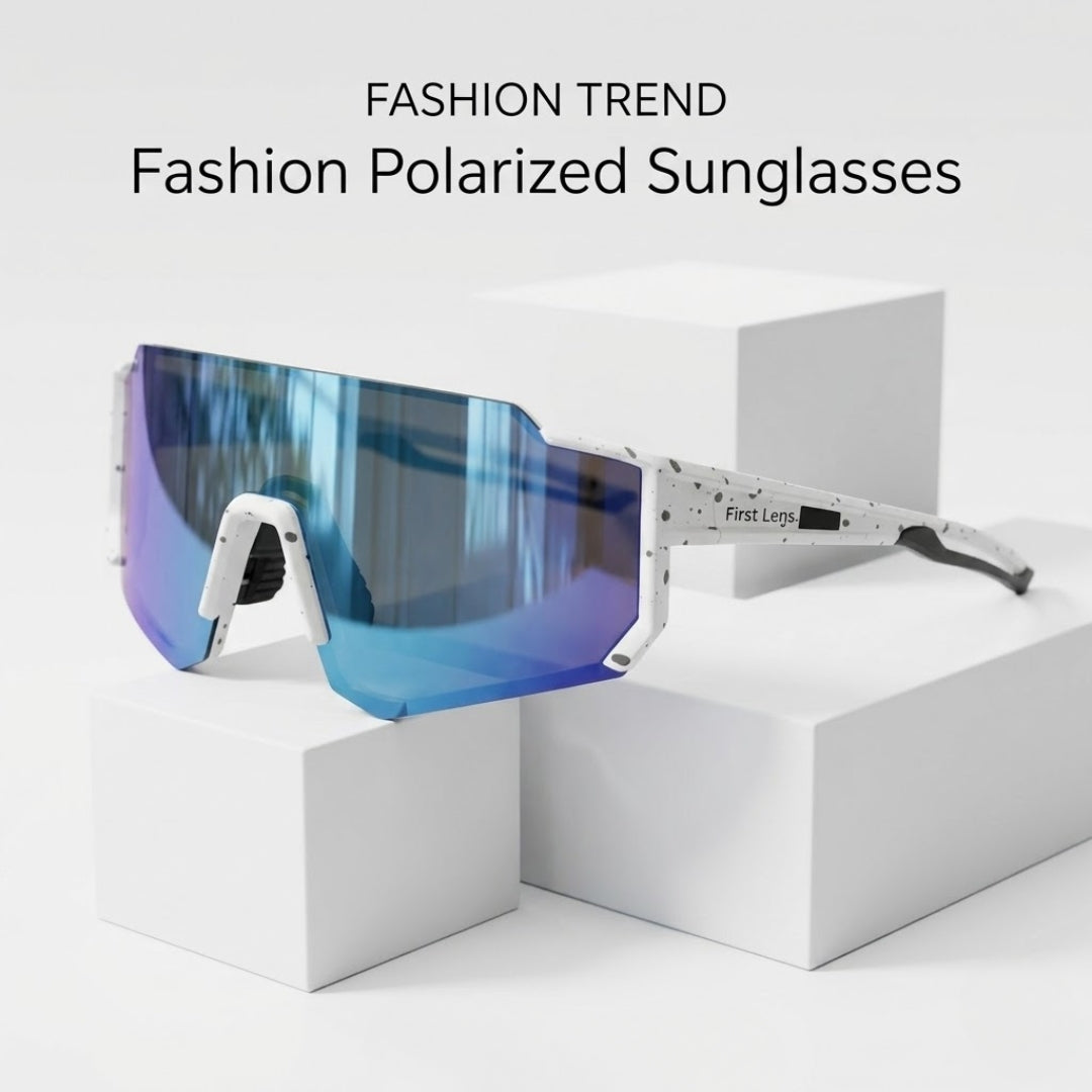First Lens Customized Power Cycling/Running/Sports Sunglasses Uv400 + Polarized Without Power Blue White - S103