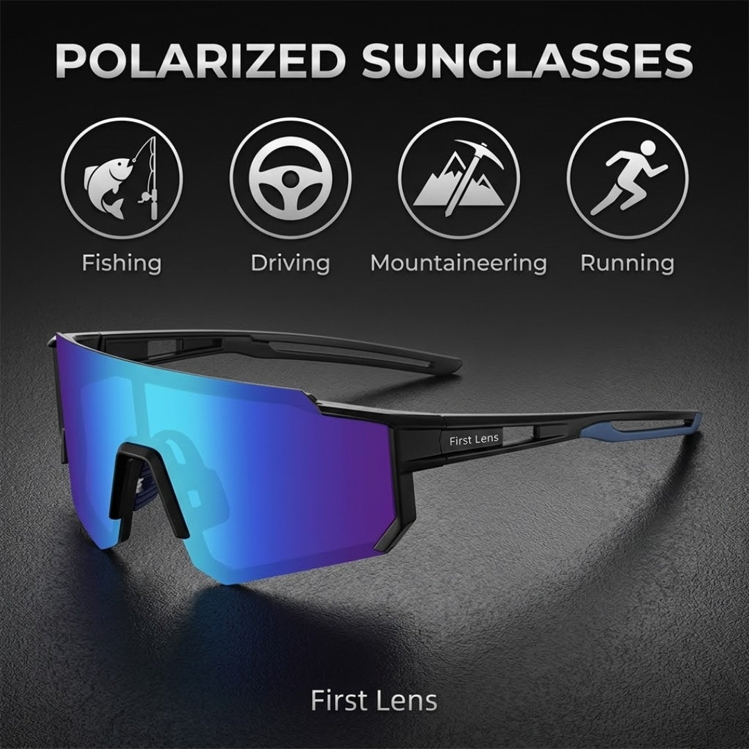 First Lens Customized Power Cycling/Running/Sports Sunglasses Uv400 + Polarized Without Power Blue Black - S102