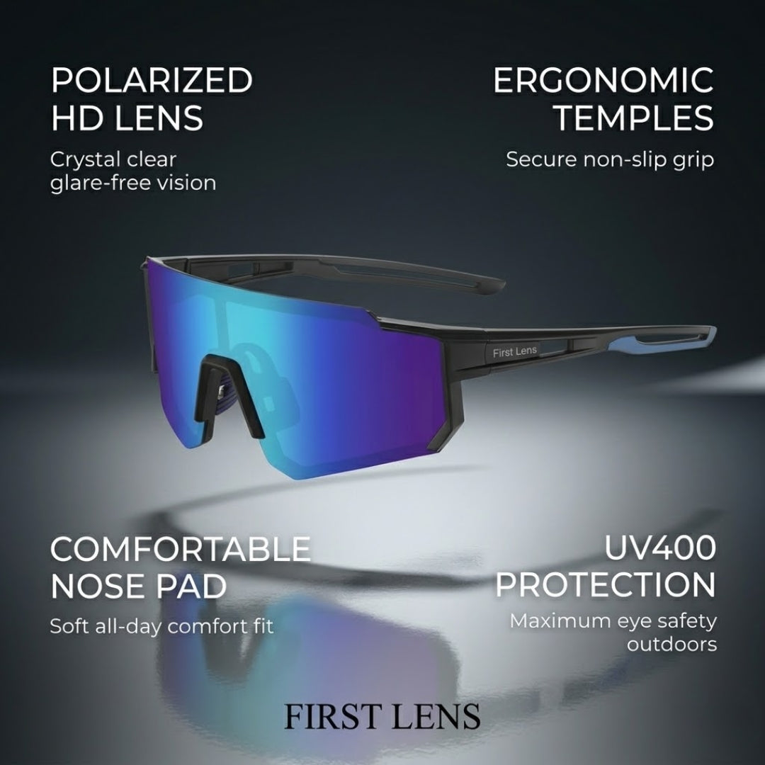 First Lens Customized Power Cycling/Running/Sports Sunglasses Uv400 + Polarized Without Power Blue Black - S102
