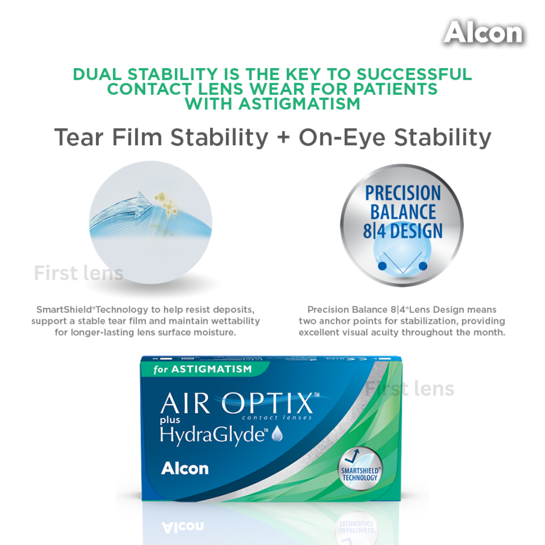 Alcon Air Optix Plus Hydraglyde for Astigmatism contact lens box with three lenses, highlighting comfort and hydration benefits