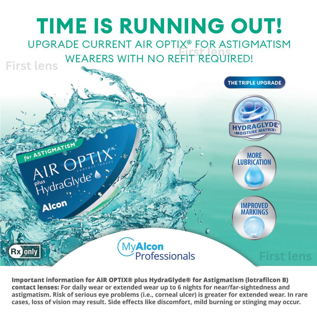 Alcon Air Optix Plus Hydraglyde for Astigmatism contact lenses in a three-lens box, emphasizing advanced moisture technology and astigmatism correction
