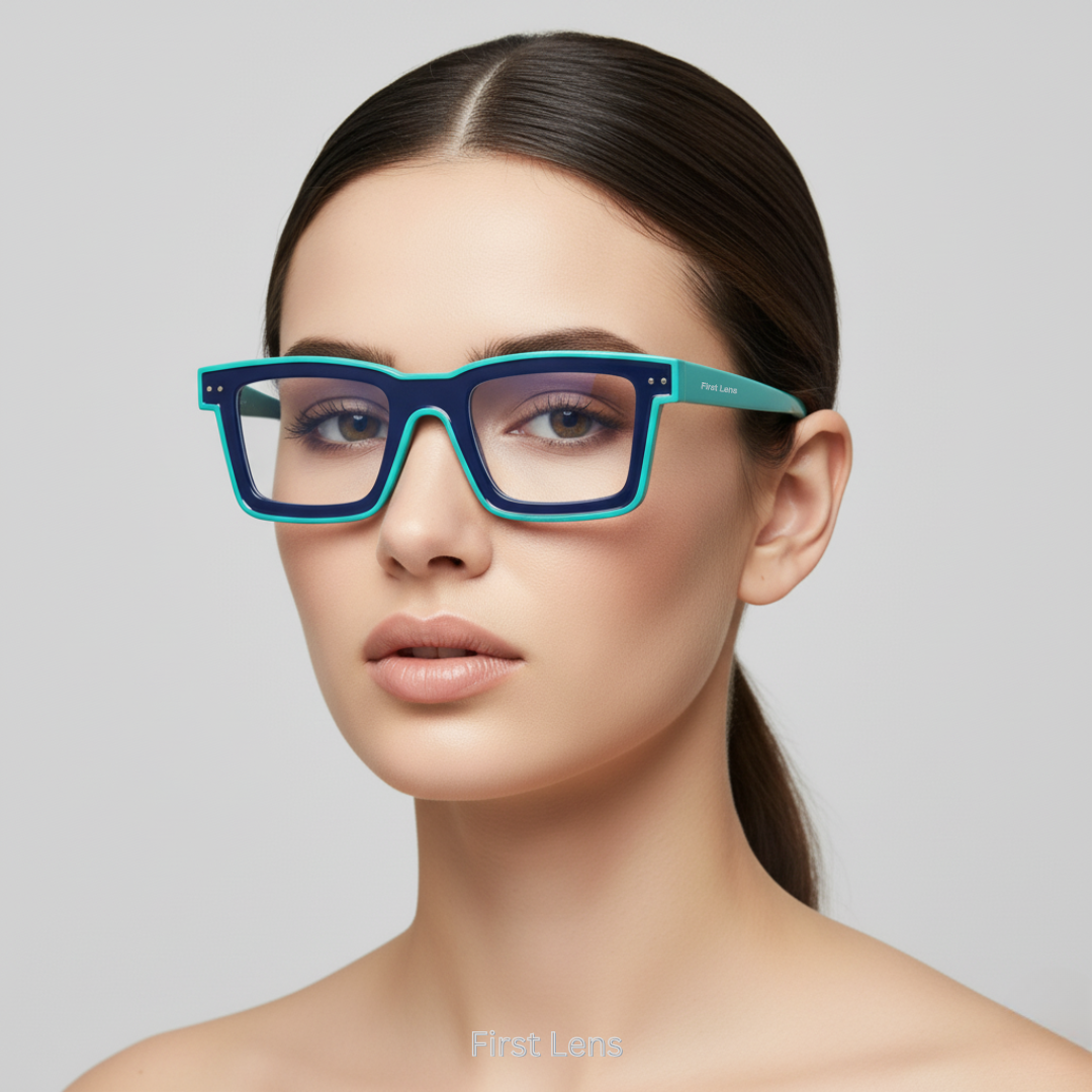 First Lens Bold Square Frame Computer Glasses - Blue-Turquoise - B023