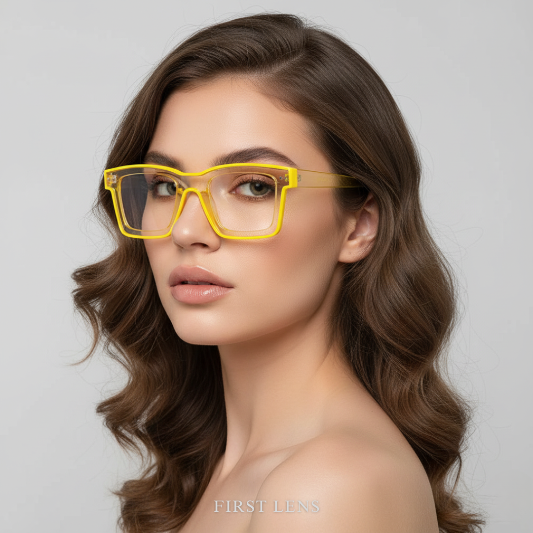 First Lens Bold Square Frame Computer Glasses - Yellow - B021