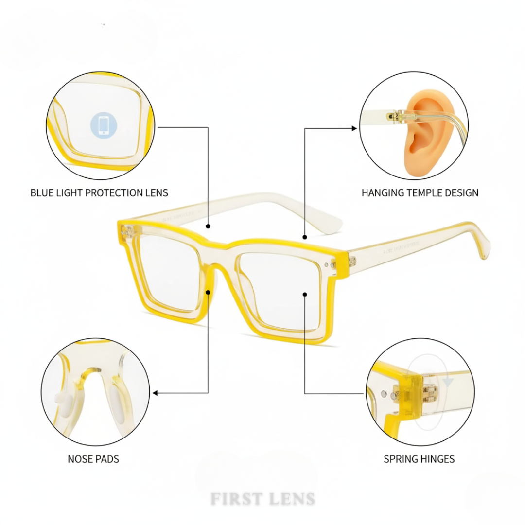 First Lens Bold Square Frame Computer Glasses - Yellow - B021