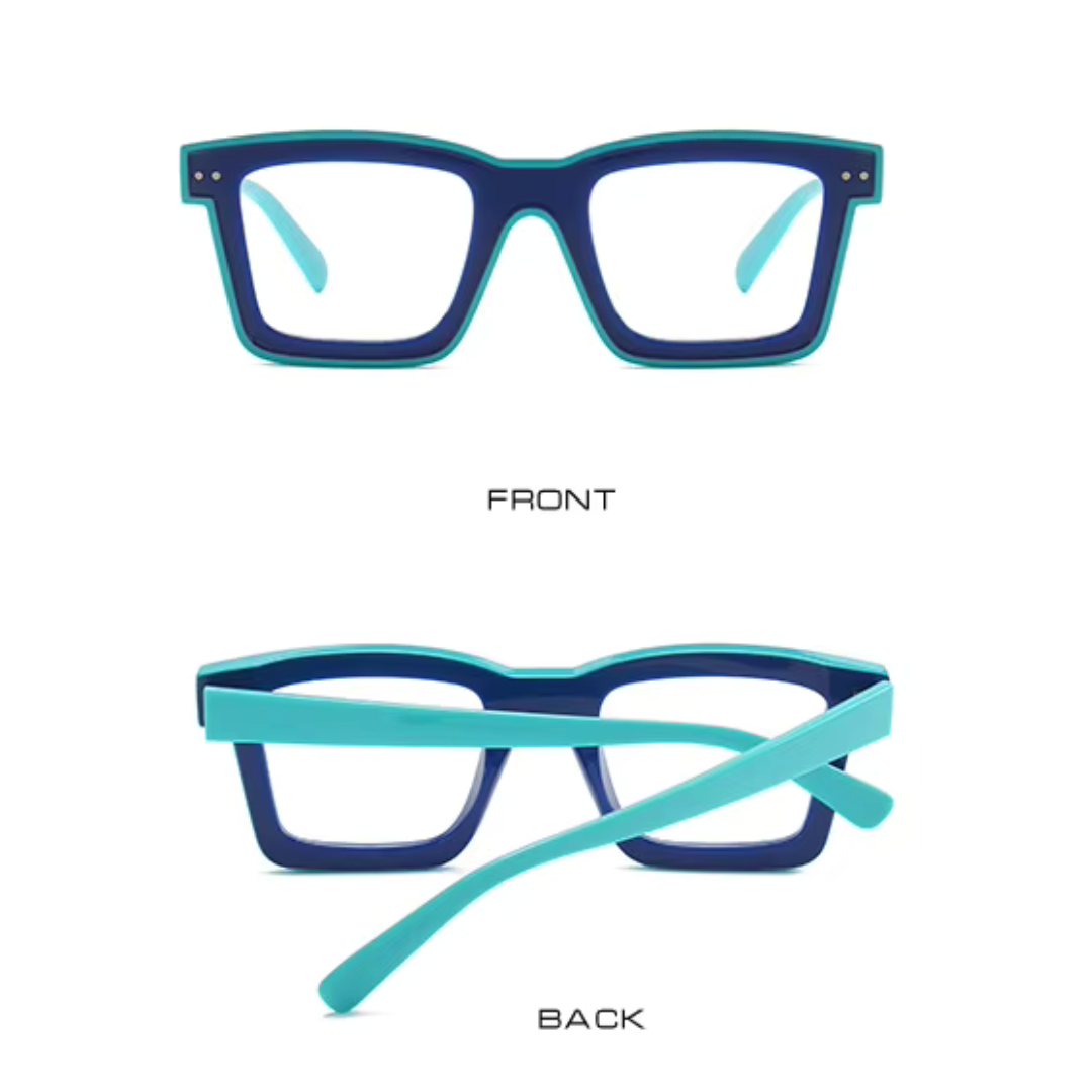 First Lens Bold Square Frame Computer Glasses - Blue-Turquoise